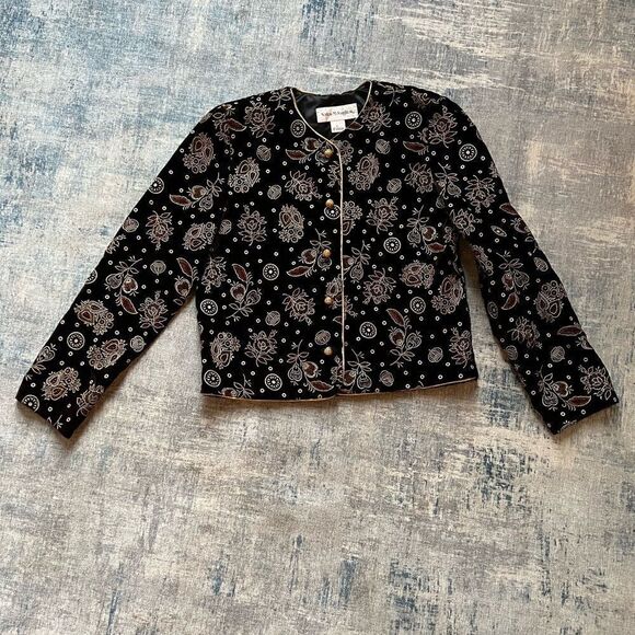 Vintage Norton McNaughton Black Floral Velvet Metallic Brocade Blazer Size 6 - Picture 5 of 10